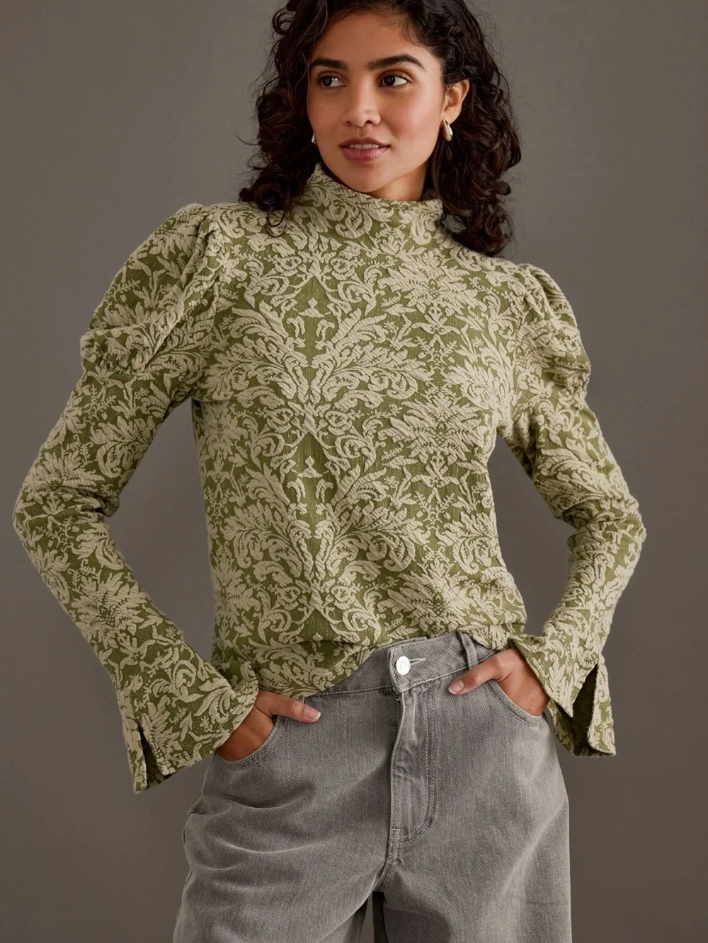 Anthropologie Puff Sleeve Turtleneck Jacquard Top Sz S
